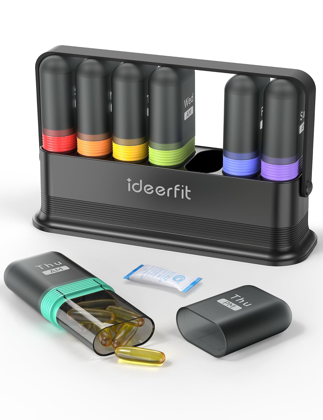 Weekly Pill Organizer 7 Day Two Times a Day, Rotatable Silicone Handle & 7 Detachable Daily Cases, Built-in Desiccant Moisture-P