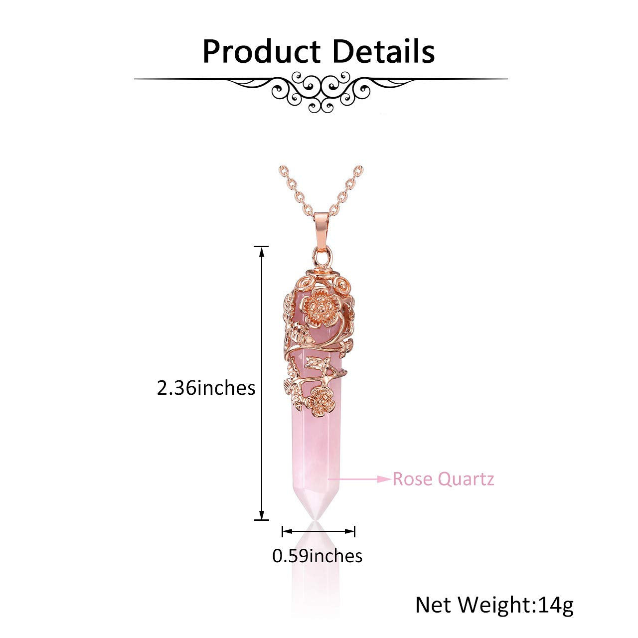 PESOENTH Rose Quartz Crystal Healing Pendant Necklace for Women, Vintage Rose Gold Flower Wrapped Pink Hexagonal Gemstone Healin