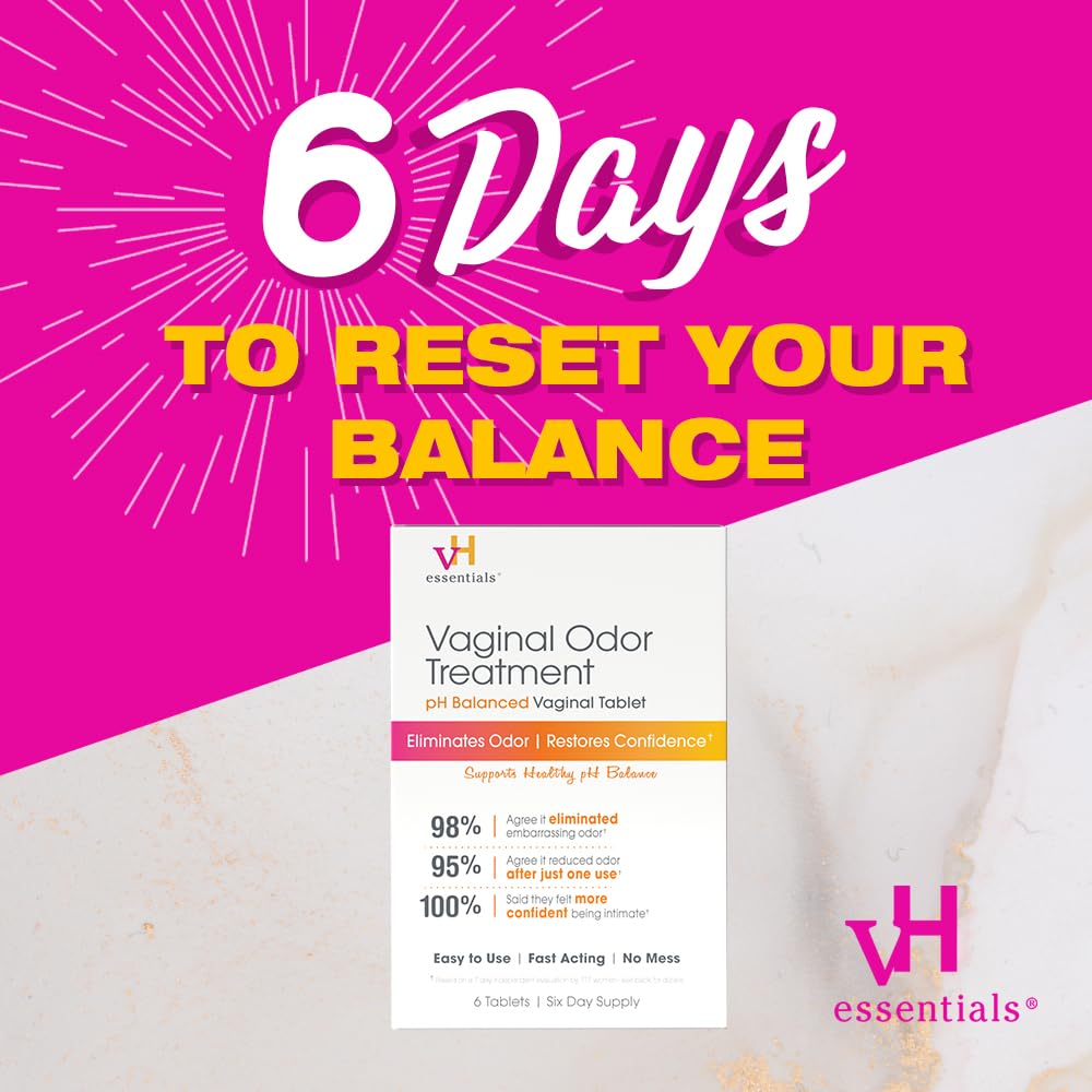 vH essentials Vaginal Odor Treatment - pH Balanced Vaginal Suppositories - 6 Tablets With Applicator, White, (667-06)