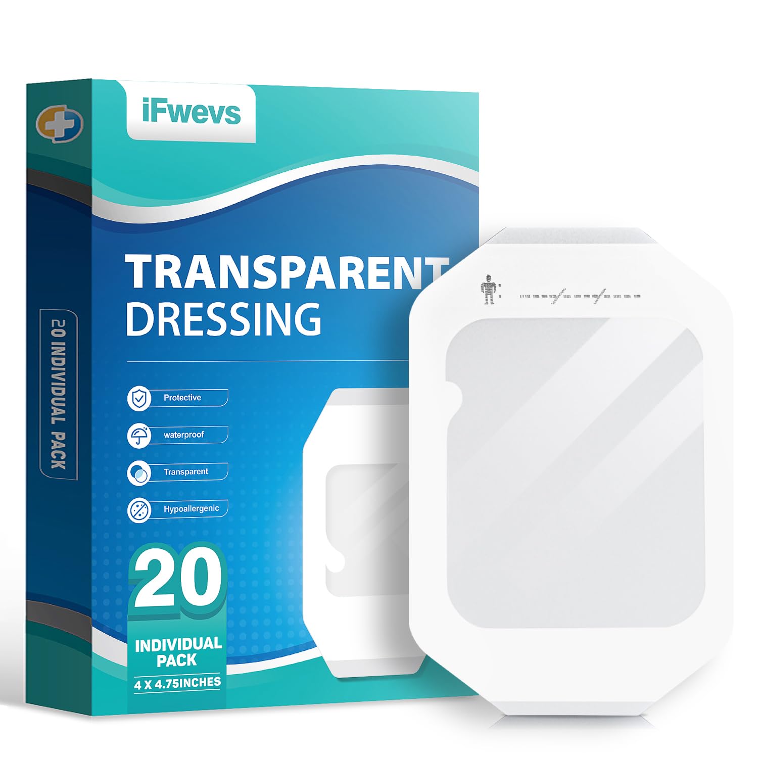 20 Pack Transparent Film Dressing, 4 in x 4.75 in Waterproof Wound Bandage Adhesive Patches for Post Surgical Shower, Transparen
