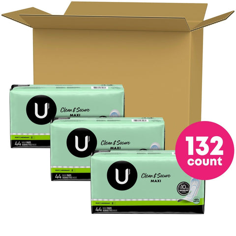 U by Kotex Clean & Secure Maxi Pads, Heavy Absorbency, 132 Count (3 Packs of 44) (Packaging May Vary)