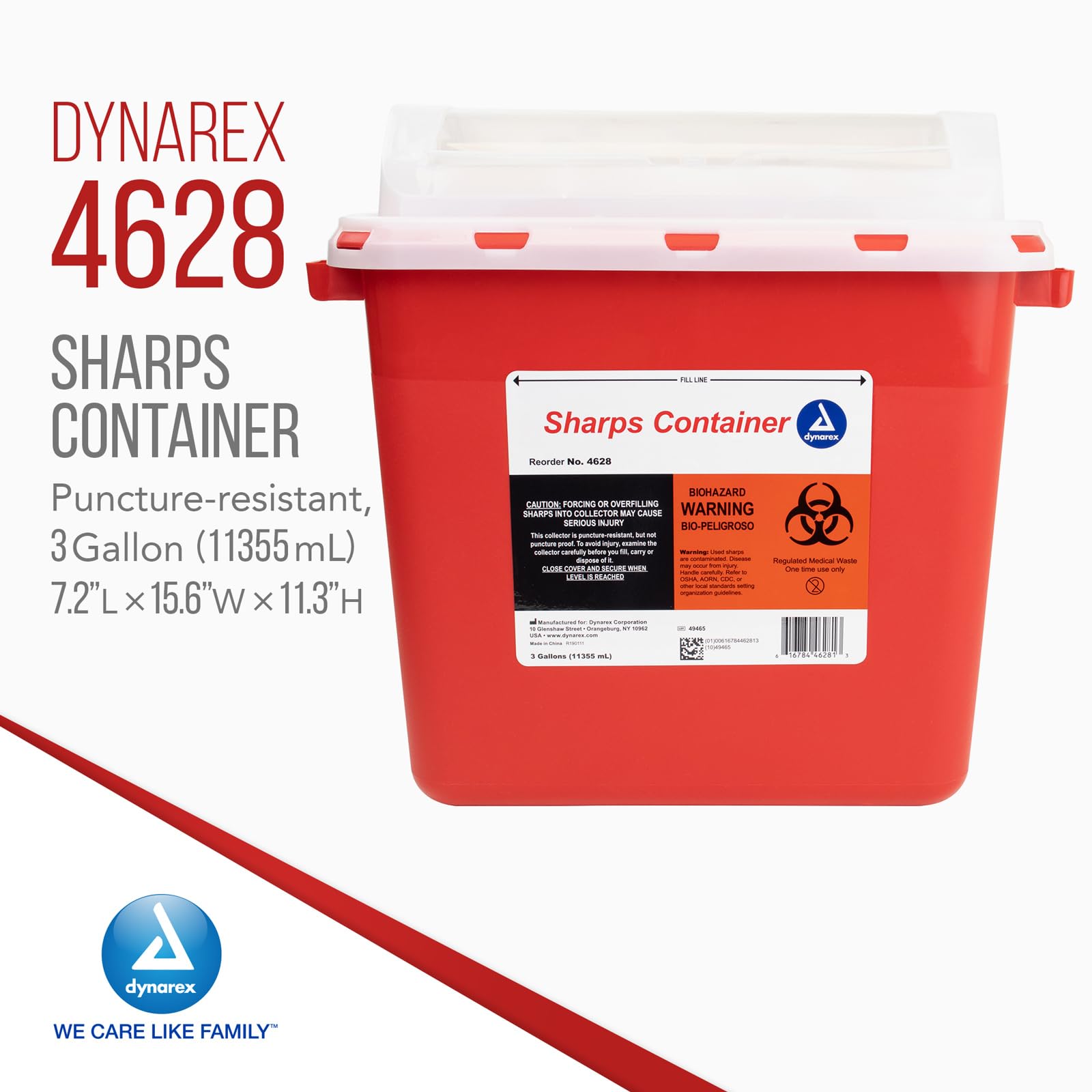 Dynarex 4628 Sharp Container, Provides a Safe Disposal of Medical Waste and Needles, Non-Sterile & Latex-Free, 3 Gallons, Made w