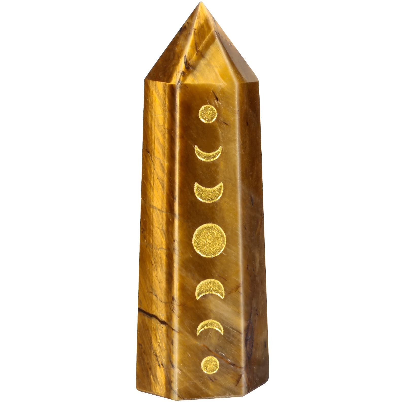 Amogeeli Wicca Moon Phase Tiger's Eye Stone Point Wand for Reiki Meditation, 6 Faceted Prism Healing Crystal Decoration for Home