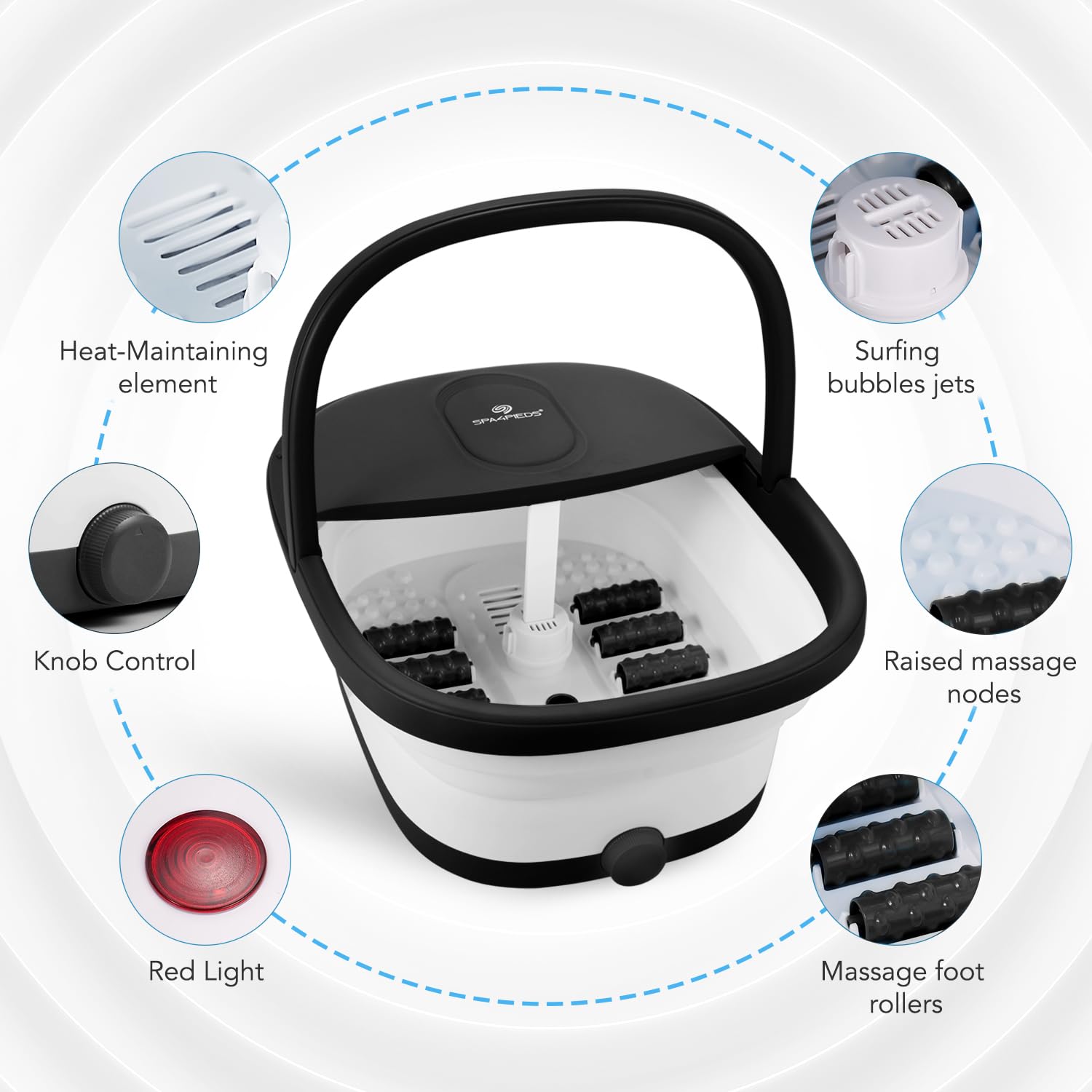 SPA4PIEDS 2025 Collapsible Foot Spa Bath with Massage Roller and Jets, Red Light, Pedicure Tool, Feet Soaking Tub for Stress Rel