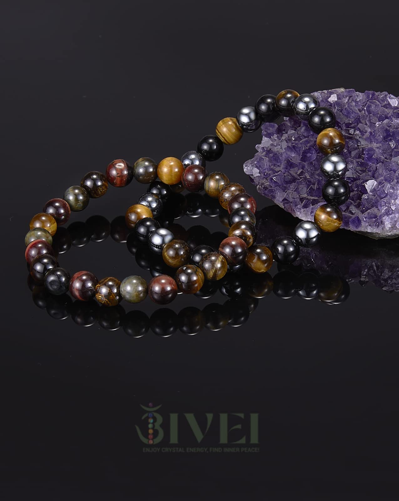 Bivei Men Bracelets Triple Protection Tiger Eye Black Obsidian Hematite Beaded Bracelets Crystal Healing Anxiety Chakra Natural