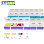 EZY DOSE Weekly (7-Day) Pill Case, Medicine Planner, Vitamin Organizer Box, 4 Times a Day, X-Large Push-Button Compartments, Con