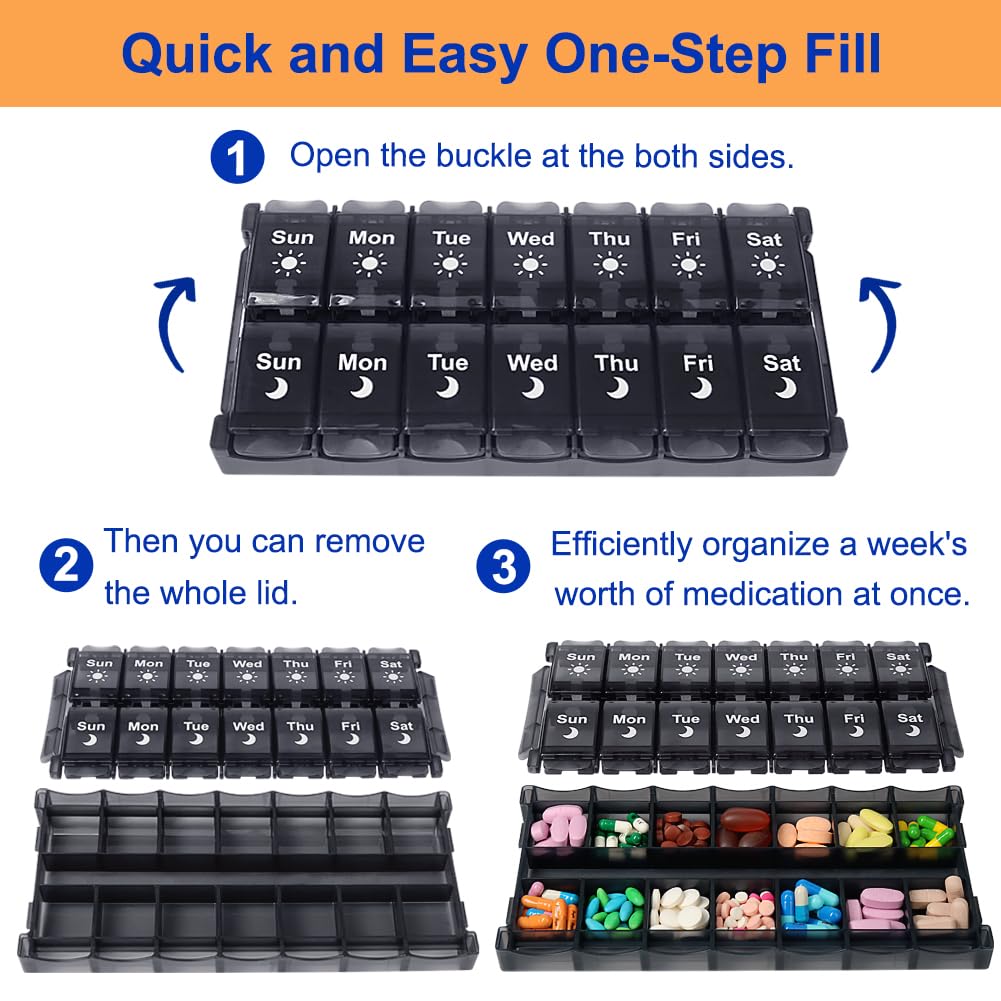 HRX Package Weekly Pill Organizer 2 Times a Day, Easy Fill & Open AM/PM Medicine Box 7 Day Vitamin Cases Day and Night