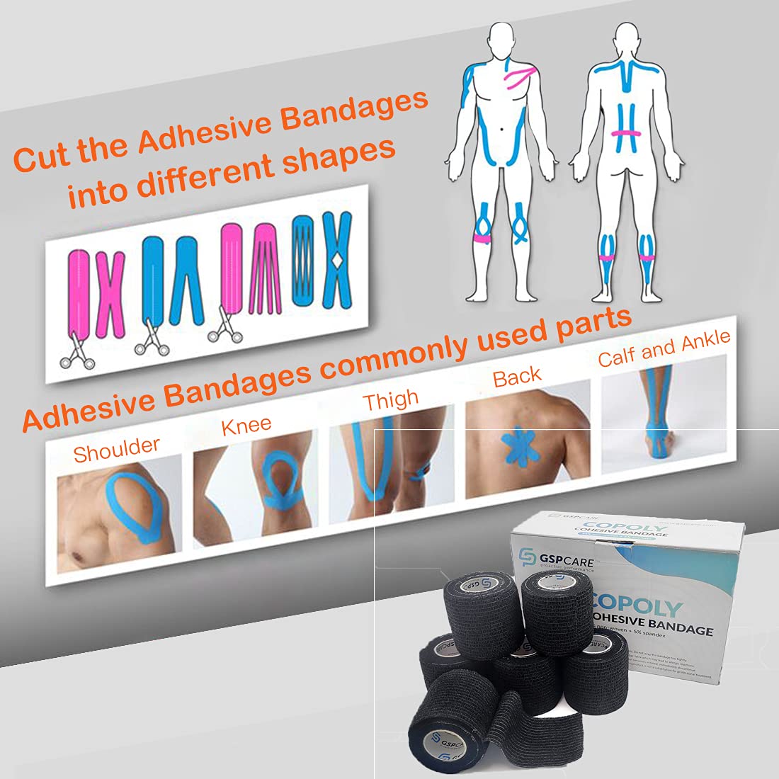 Self Adherent Cohesive Wrap Bandages 2 Inches (Black, 6 Count)
