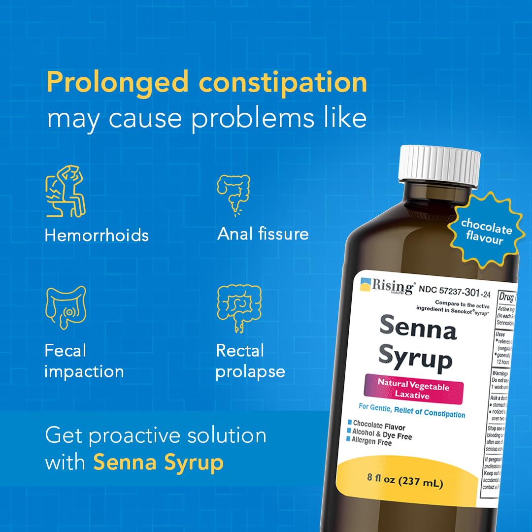Rising Health Natural Vegetable Laxative - Senna Sennosides Syrup 8.8mg/5ml - Constipation Relief - Chocolate Flavor - Compared