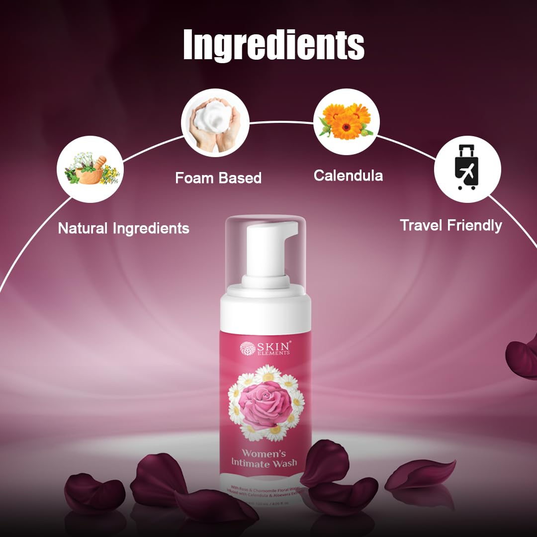 Skin Elements Intimate wash for Women (4.05 Fl Oz.) with Rose & Chamomile Water, Calendula & Aloe Vera Extracts | Prevents Itchi
