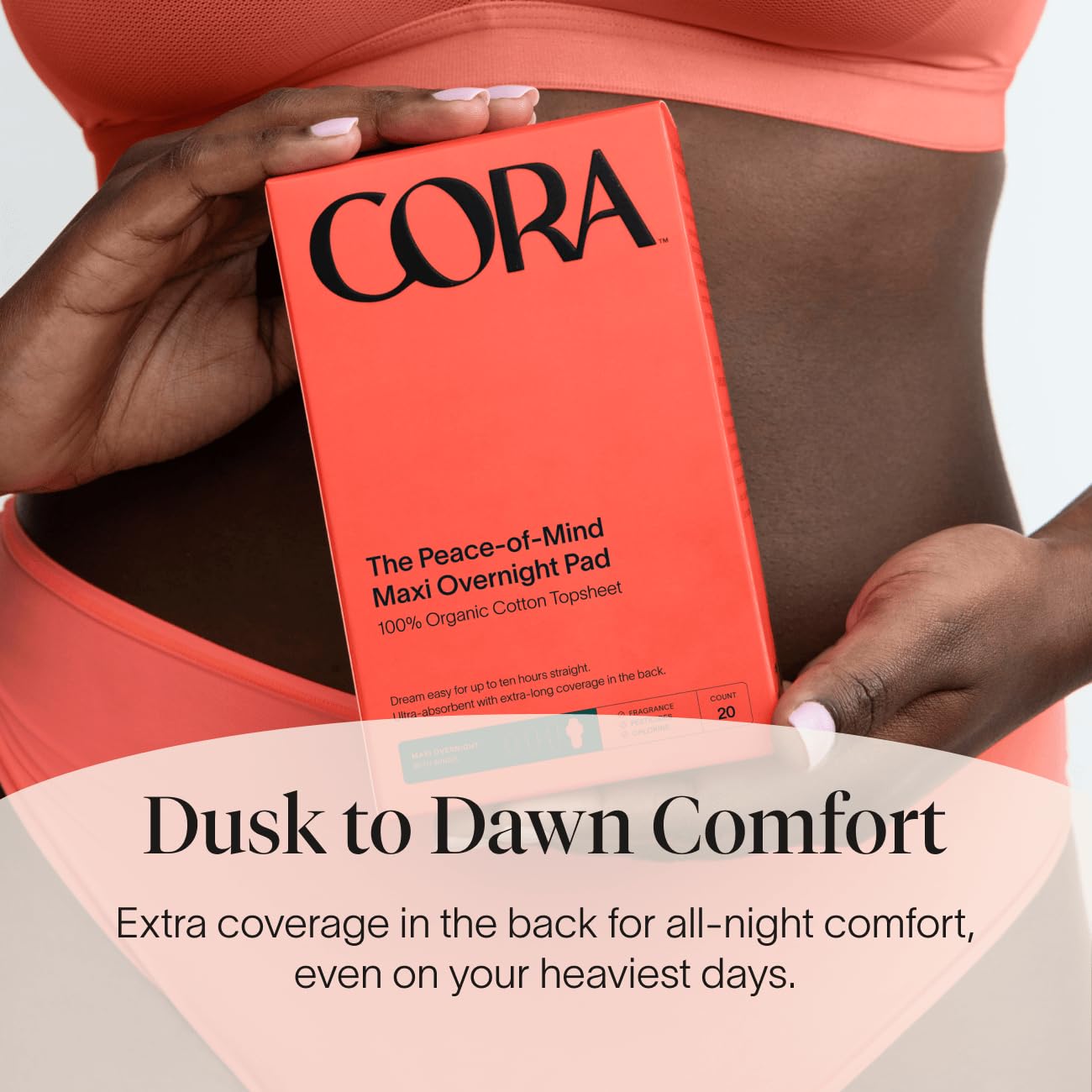 Cora 100% Organic Cotton Topsheet Maxi Pads | Ultra Thin Period Pads with Wings | Maxi Overnight Absorbency | Unscented, Comfort