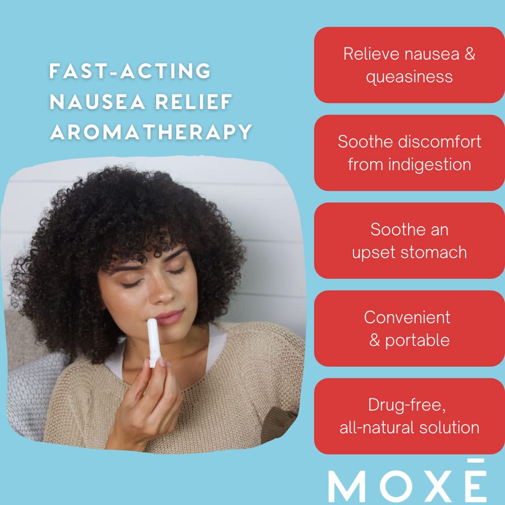 MOXE Nausea Nasal Inhaler Sticks, All Natural Essential Oil Blend, Ginger, Cardamom, Peppermint, Sweet Orange, Upset Stomach, He