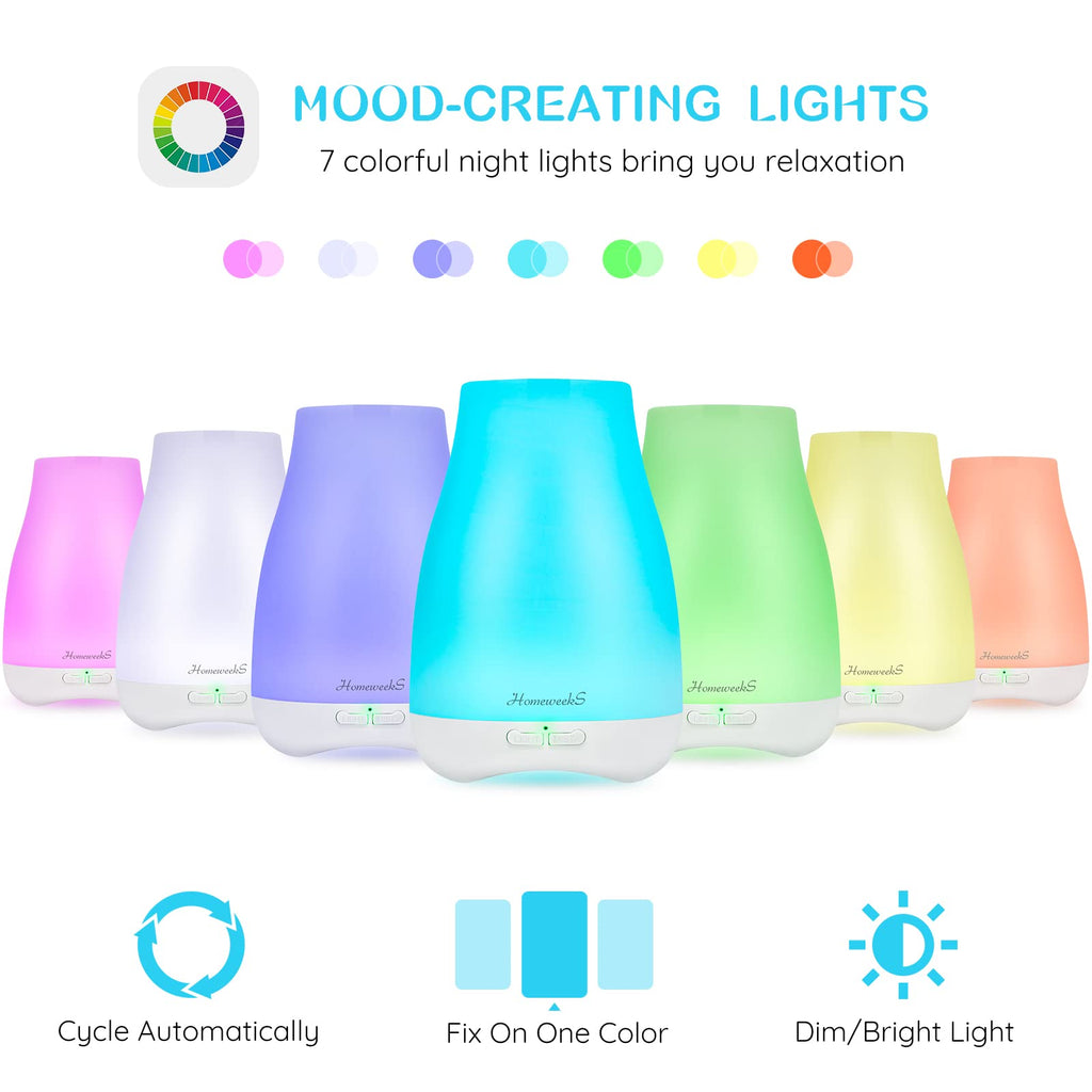 Homeweeks Diffusers, 100ml Colorful Essential Oil Diffuser with Adjustable Mist Mode, Auto Off Aroma for Bedroom/Office/Trip (10
