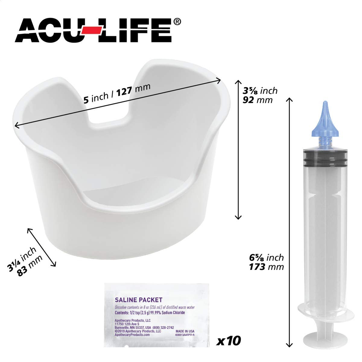 Acu-Life Ear and Ear Wax Cleaner for Humans, Includes 10 Saline Packs, Syringe with Tri-Stream Tip and Basin