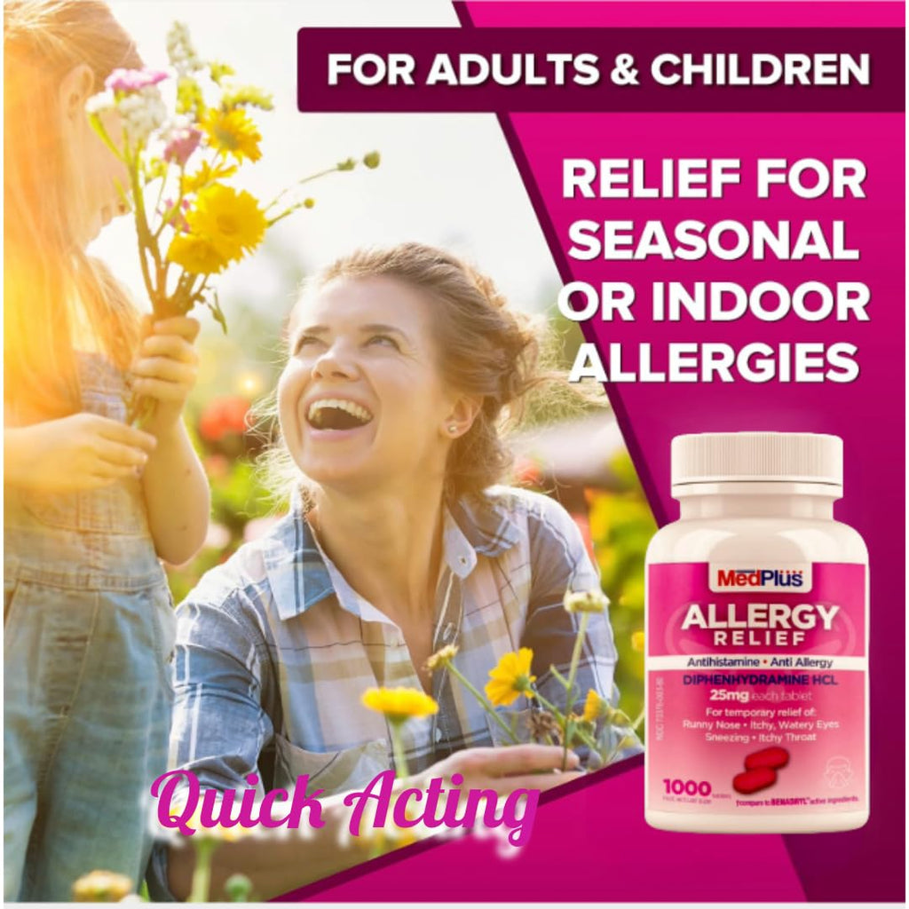 MedPlus Allergy Relief Medicine, 25 mg, 1000 Tablets | Diphenhydramine Hcl | Antihistamine | Relief for Indoor & Outdoor Allergi