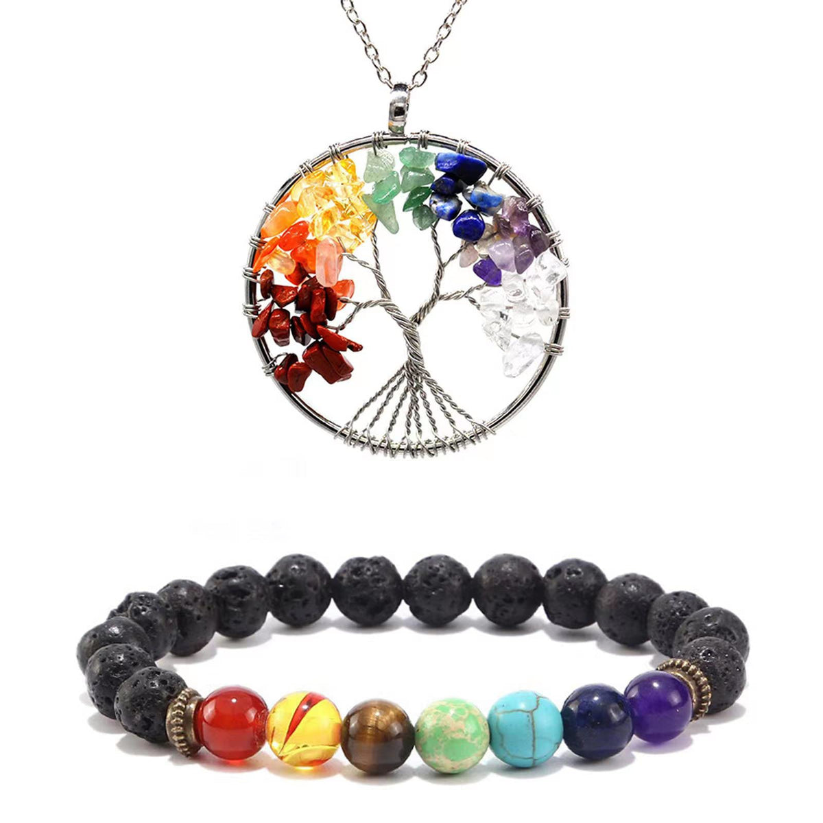 KMYA Healing Crystals Tree of Life Necklace, 7 Chakra Rainbow Jewelry Set, Anxiety Relief Bracelet, Crystal Stones for Chakra Re