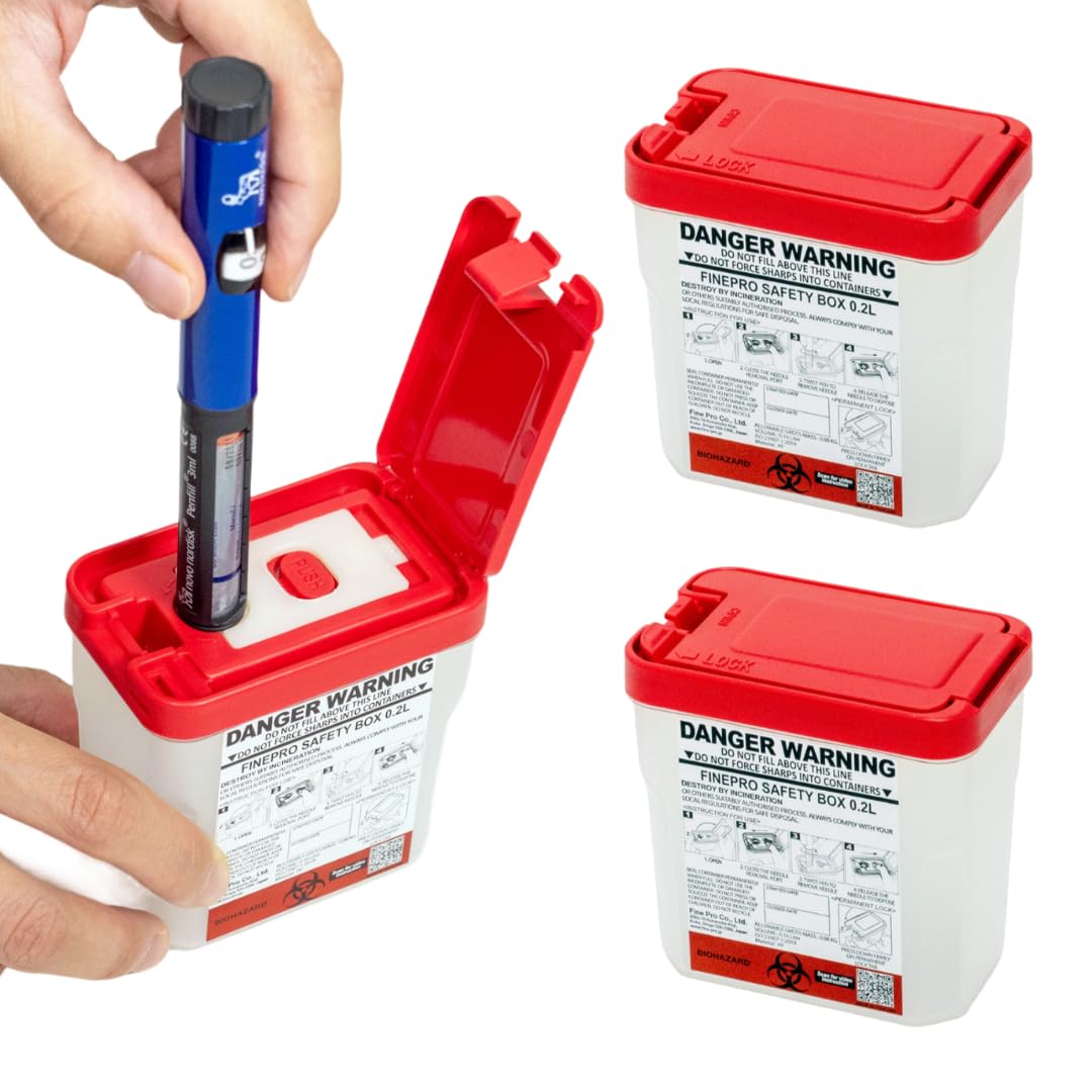 FINEPRO 0.2L Size Portable Pen-Needle Disposal Container [Pack of 3] Diabetes Care (0.2L, Red+Clear, 3)