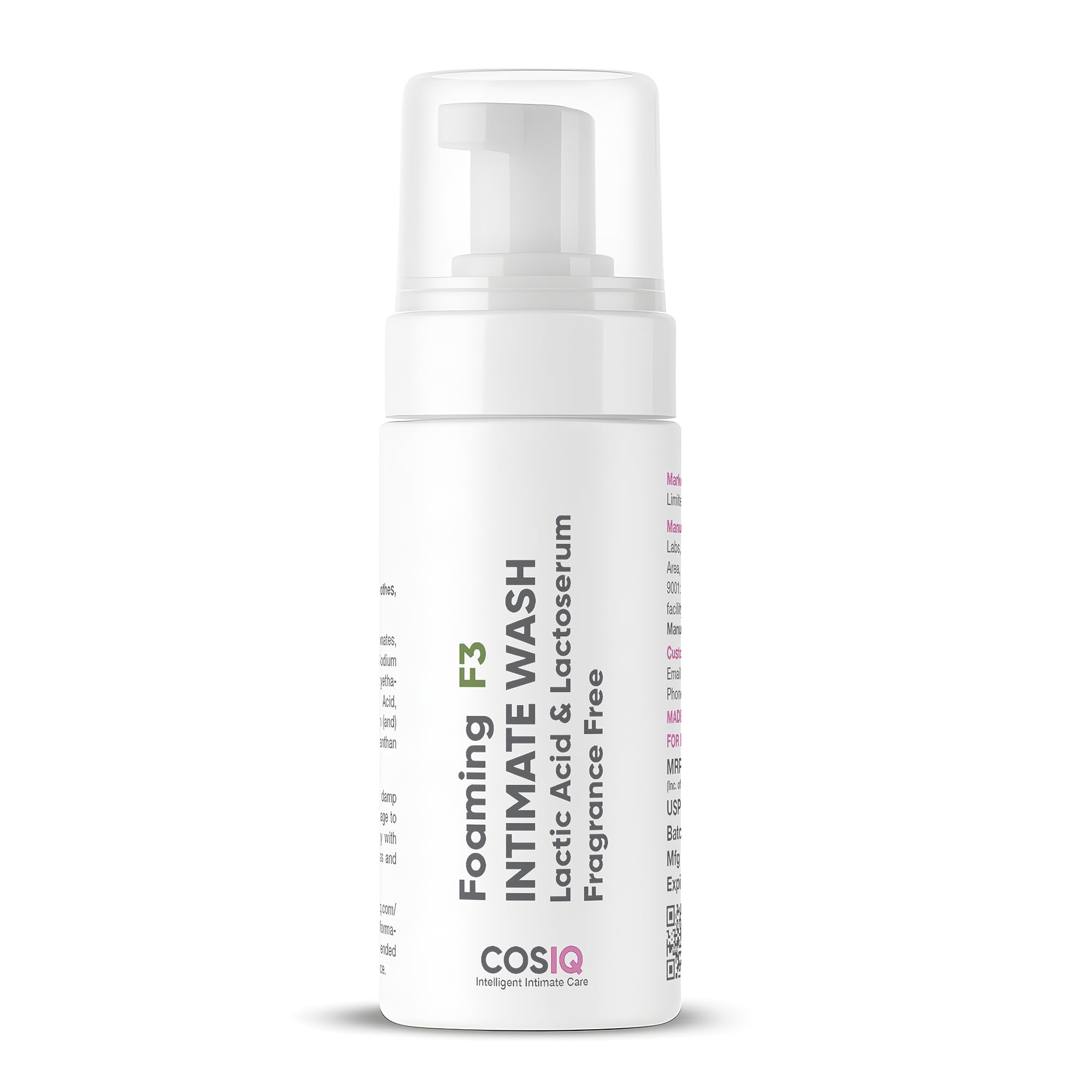 CosIq Foaming F3 Intimate Wash, 100Ml | FragranceFree Hygiene Wash With Lactic Acid & Lactoserum | Prevents Itching, Irritatio