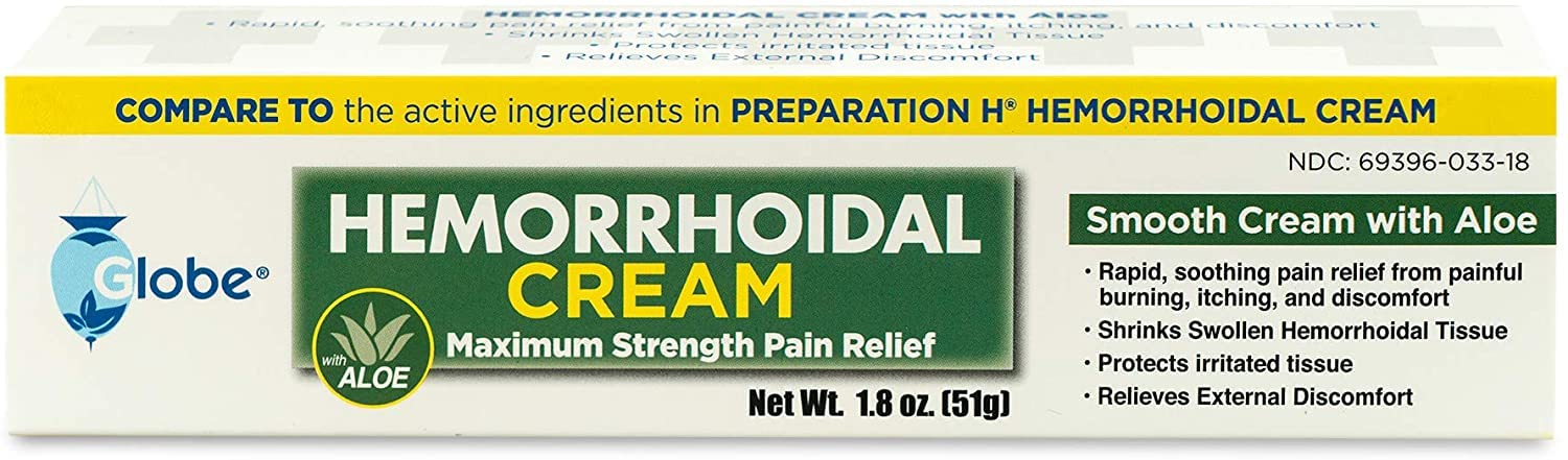 Globe Hemorrhoidal Cream, Phenylephrine HCl, Pramoxine with Aloe, Relief from Burning, Itching and Discomfort of Hemorrhoids, 1.