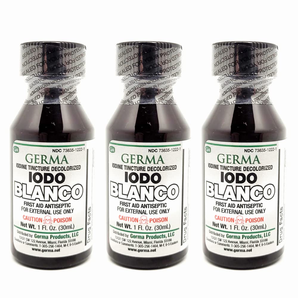 Germa White Iodine Tincture. First Aid Antiseptic. For Minor Scrapes, Cuts, Bruises and Burns. Prevents Skin Infection. 1 oz. Pa
