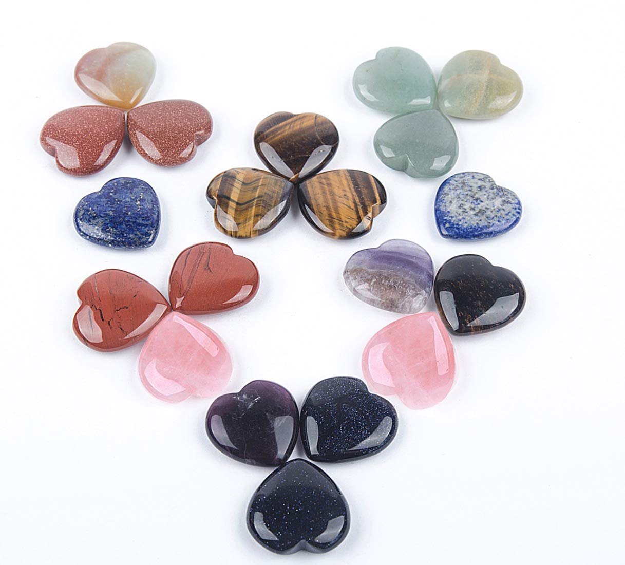 JIC Gem 20 pcs Mixed Crystal Heart Stones Heart Shape Chakra Stones 30mm Reiki Balancing Hand Carved Polished Palm Worry Stone G