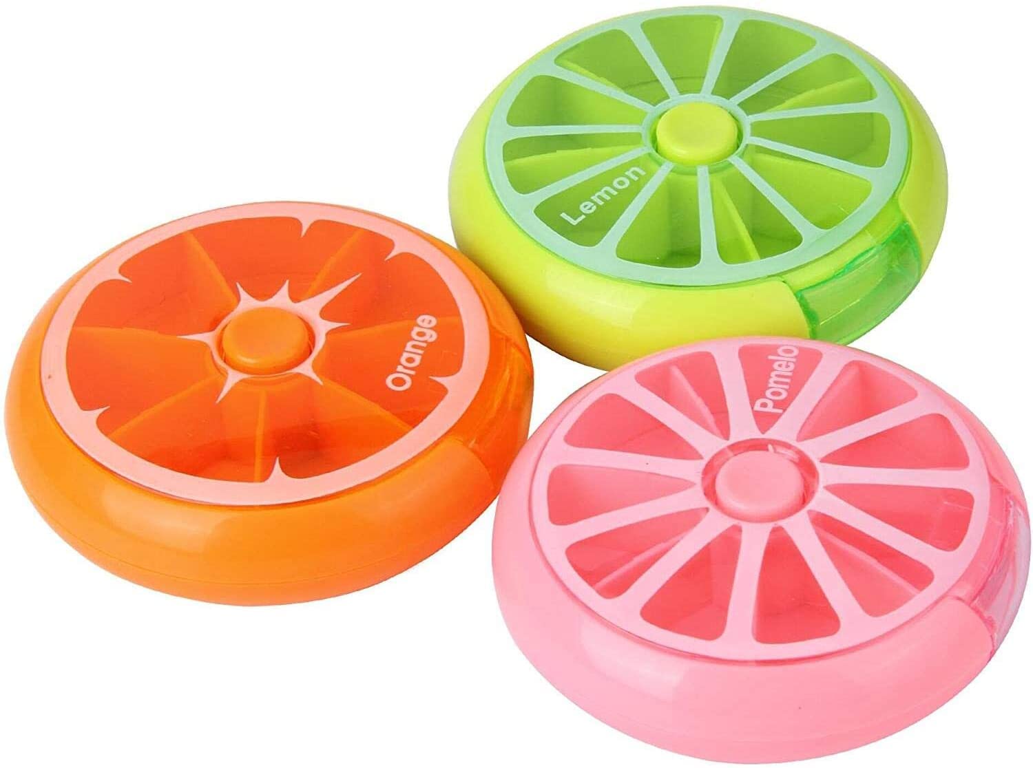 KINMINGZHU Portable Mini 7 Day Weekly Circular Shape Rotary Cute Fruit Style 3-Compartment Pill Organizer Box (Mixed Color)