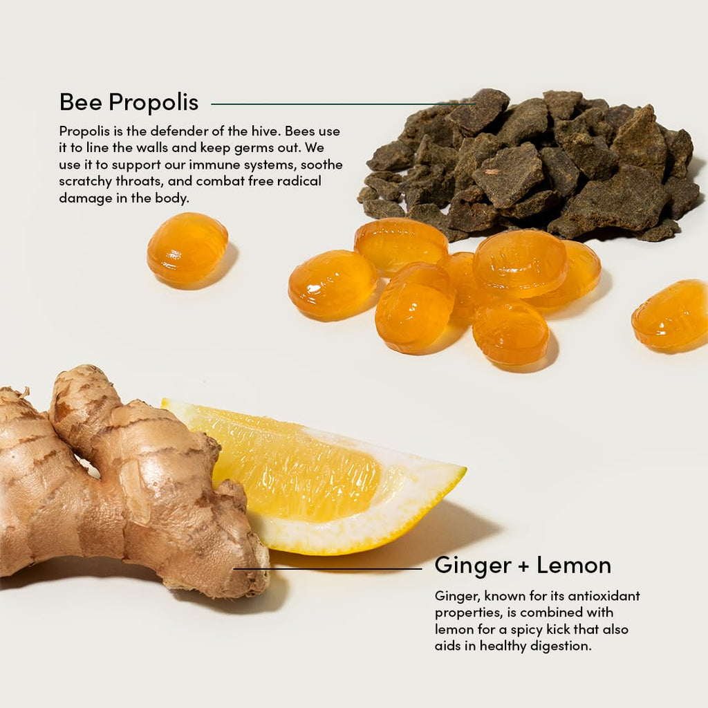 Beekeepers Naturals Soothing Honey Ginger Lemon Cough Drops - Immune Support with Vitamin D, Zinc and Propolis Throat Soothing
