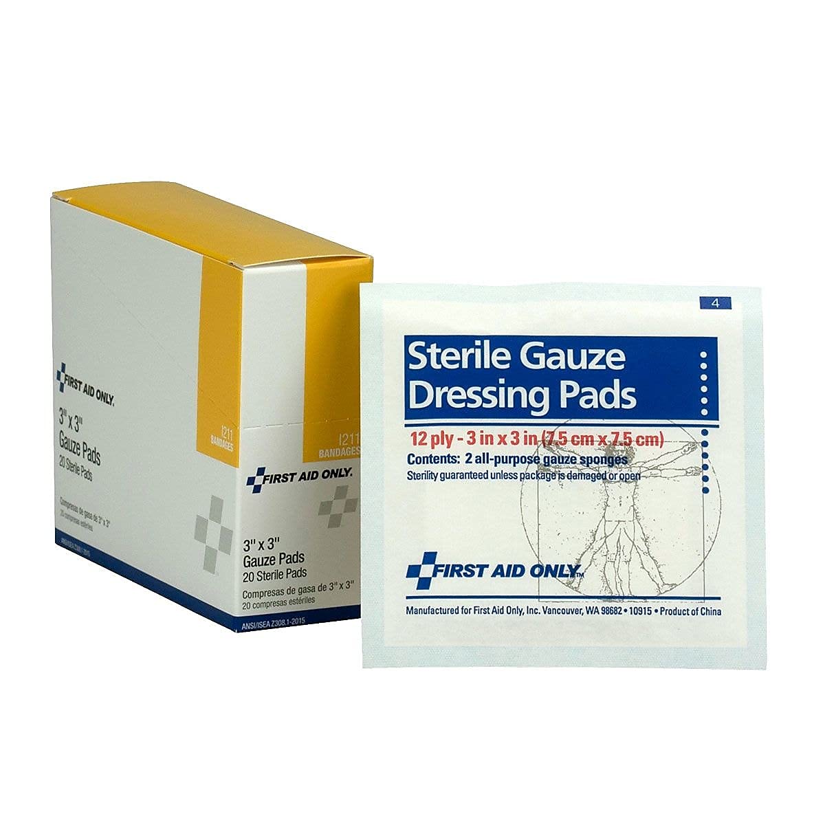 First Aid Only I211 Gauze Dressing Pads 3-Inch x 3-Inch 10/Box