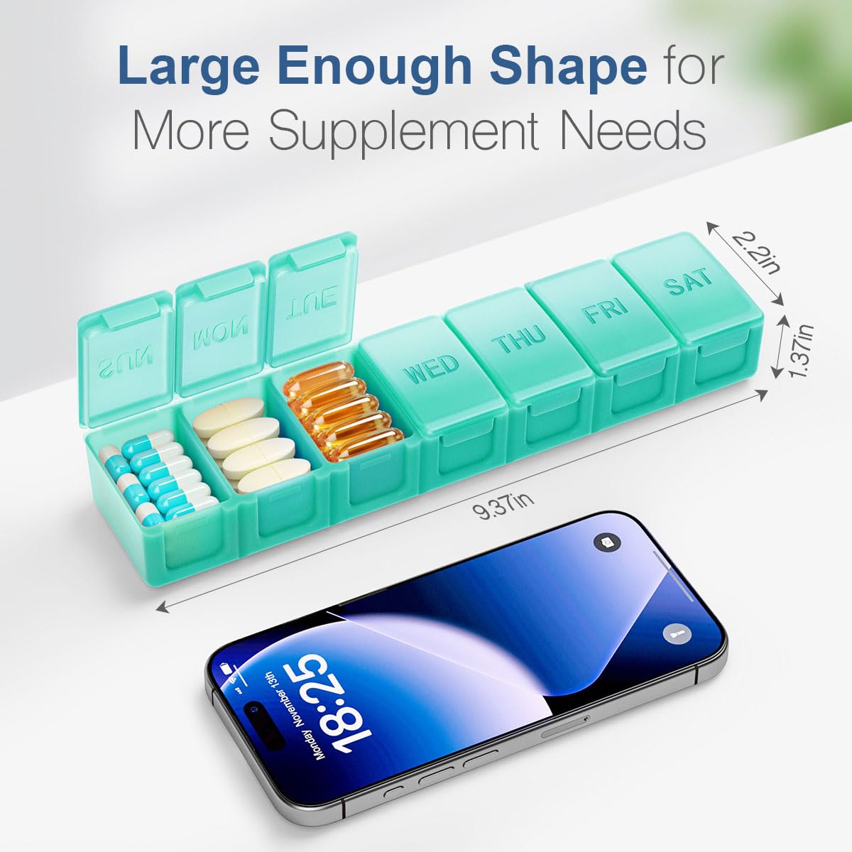 Extra Large Pill Organizer Weekly, KAPENS Daily Pill Case Box Large Capacity Compartments, 7 Day Pill Containers for Medicine Su
