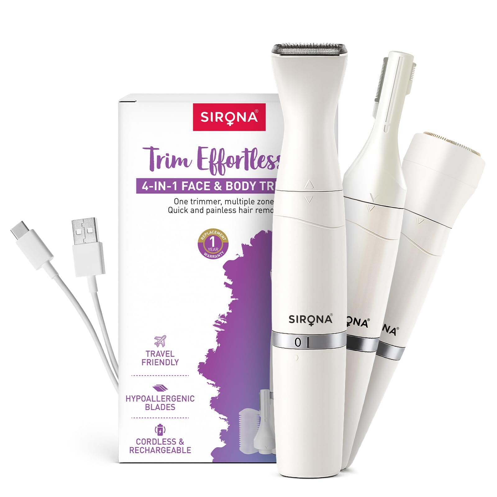 Sirona 4In1 Face & Body Trimmer For Women | Body Trimmer & Shaver, Eyebrow Trimmer | Painless Hair Removal For Arms, Underarms