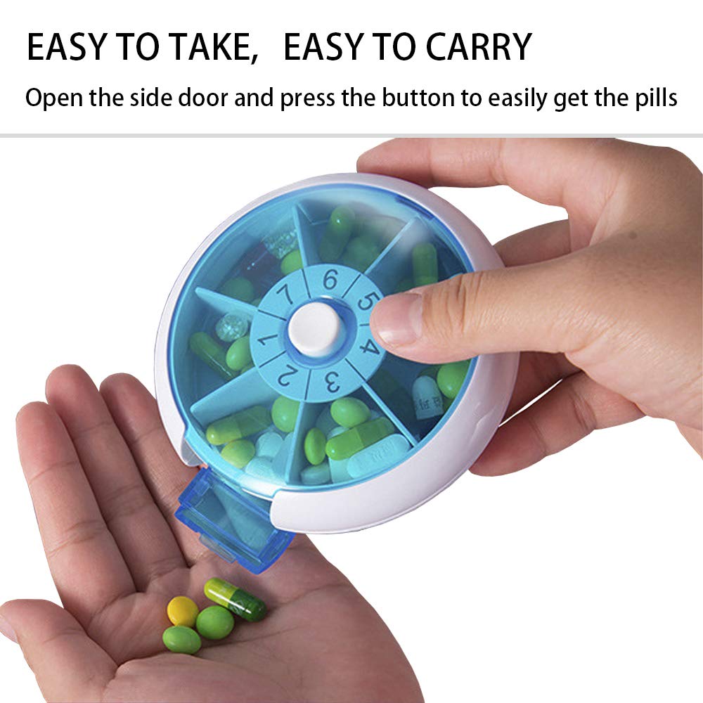Medicine Pill Organizer, SZREDU Round Pill Box,Daily Pill Case 1 Time a Day,Rotating Pill Cases Organizers 7 Day,Weekly Vitamin