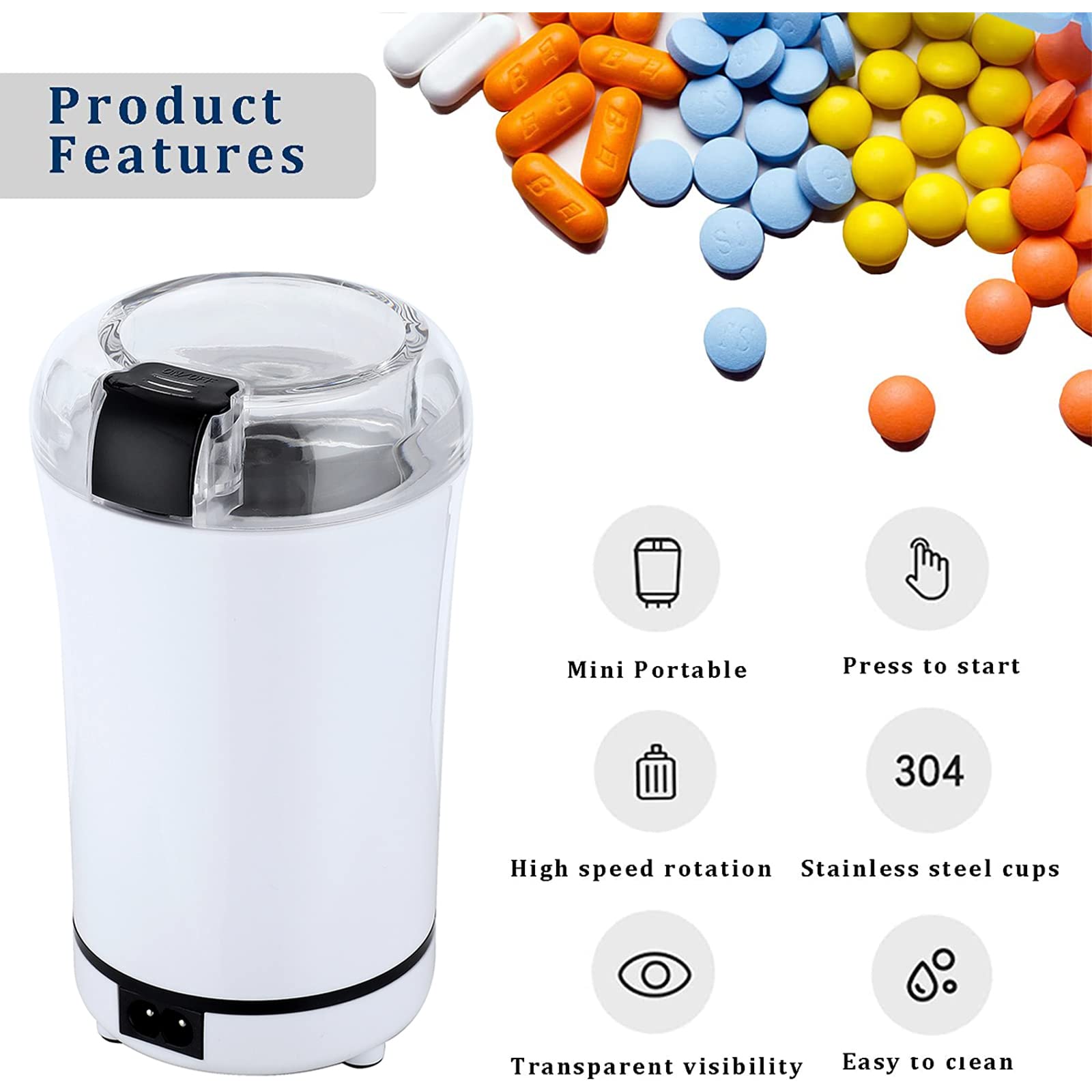 Multifunctional Electric Pill Crusher Grinder- Grind The Medicine and Vitamin or Coffee Beans Tablets of Different Sizes into Fi