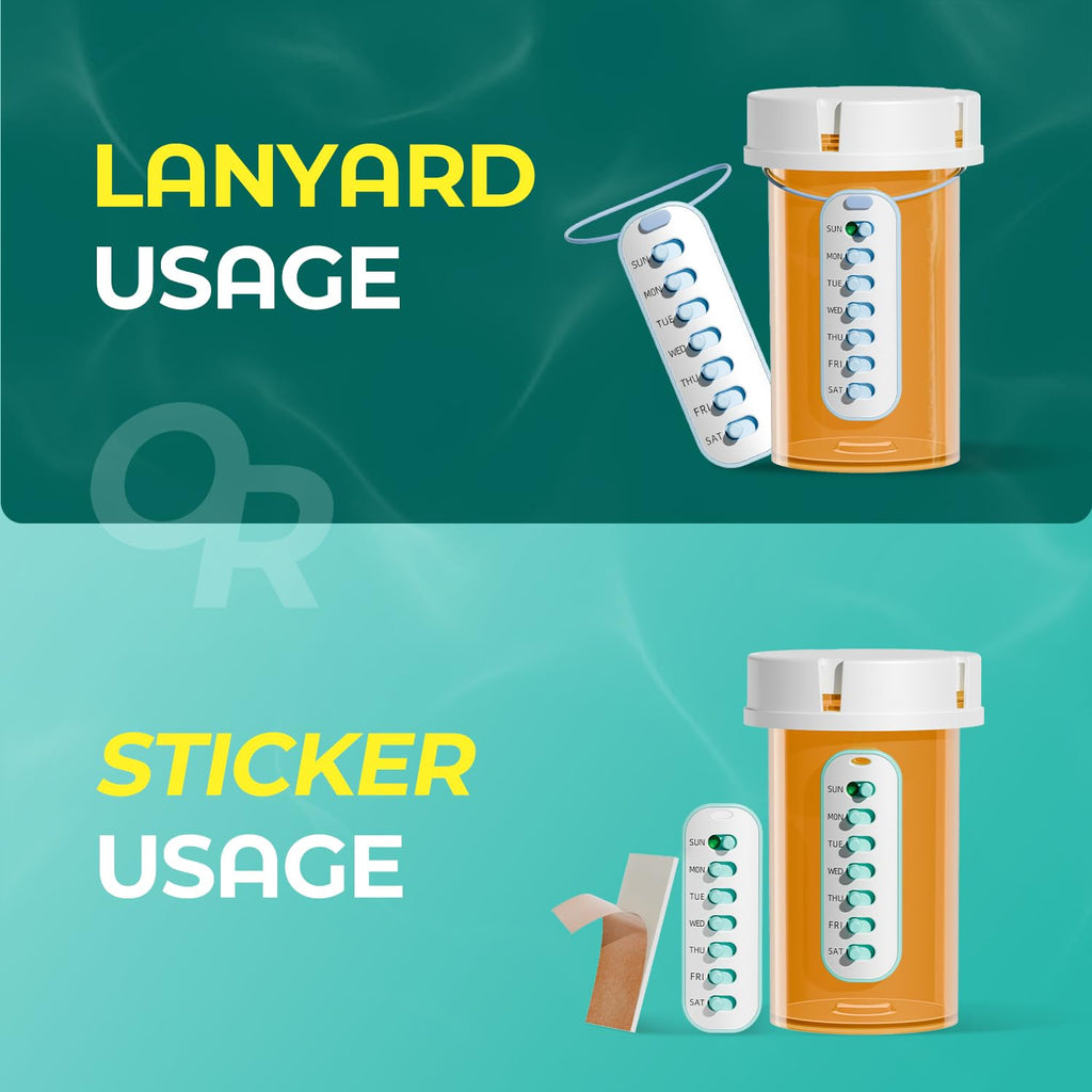 Odaro 4 Pack Pill Reminder, Lanyad or Sticker Pill Tracker, Work with Most Pill Bottles, Reusable Medication Tracker Replacement