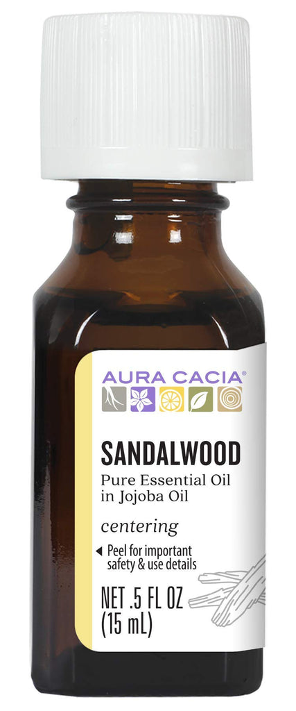 Aura Cacia Sandalwood Essential Oil in Jojoba Oil, 0.5 fl. oz., Woodsy, Balsamic-like Aroma For Skin Care & Centering