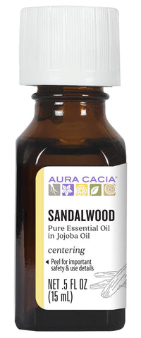 Aura Cacia Sandalwood Essential Oil in Jojoba Oil, 0.5 fl. oz., Woodsy, Balsamic-like Aroma For Skin Care & Centering