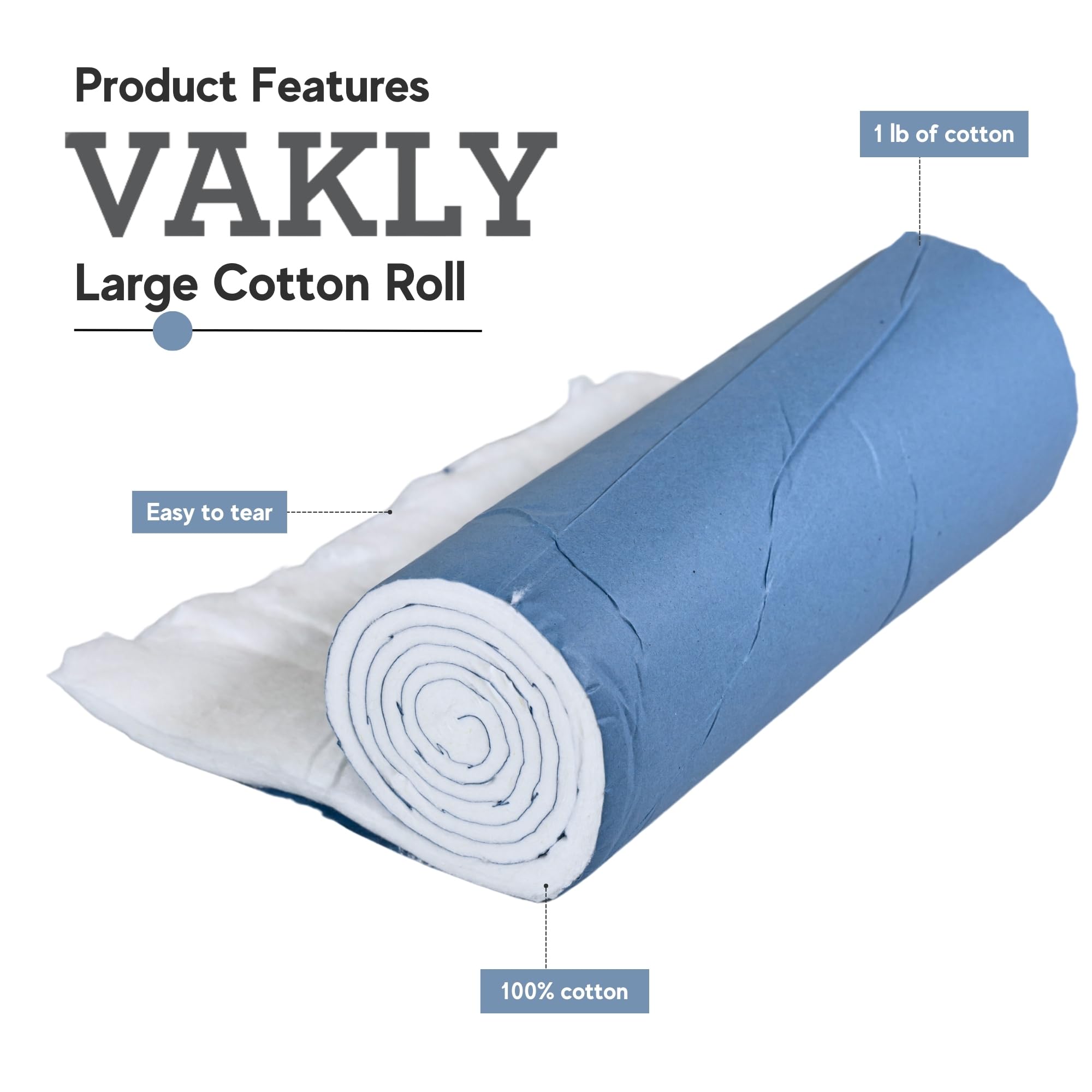 Vakly 100% Cotton Roll 1 lb - Large Non-Sterile Soft & Absorbent White Cotton 12    x 56    for Wound Care, Casting, Beauty, and