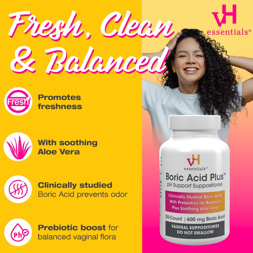 vH essentials Boric Acid Plus Vaginal Suppositories, Prebiotic Infused with Soothing Aloe Vera, pH Support Formula Fights Odor a