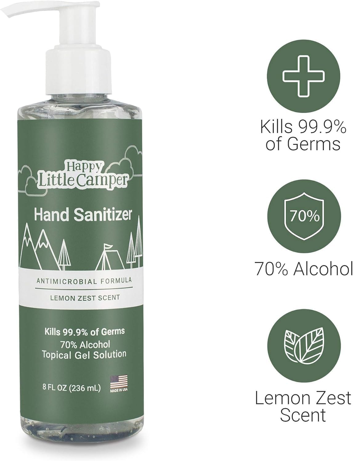 Happy Little Camper Hand Sanitizer with Lemon Zest Scent - Moisturizing Clear Gel with Vitamin E & Antimicrobial Formula- Contai