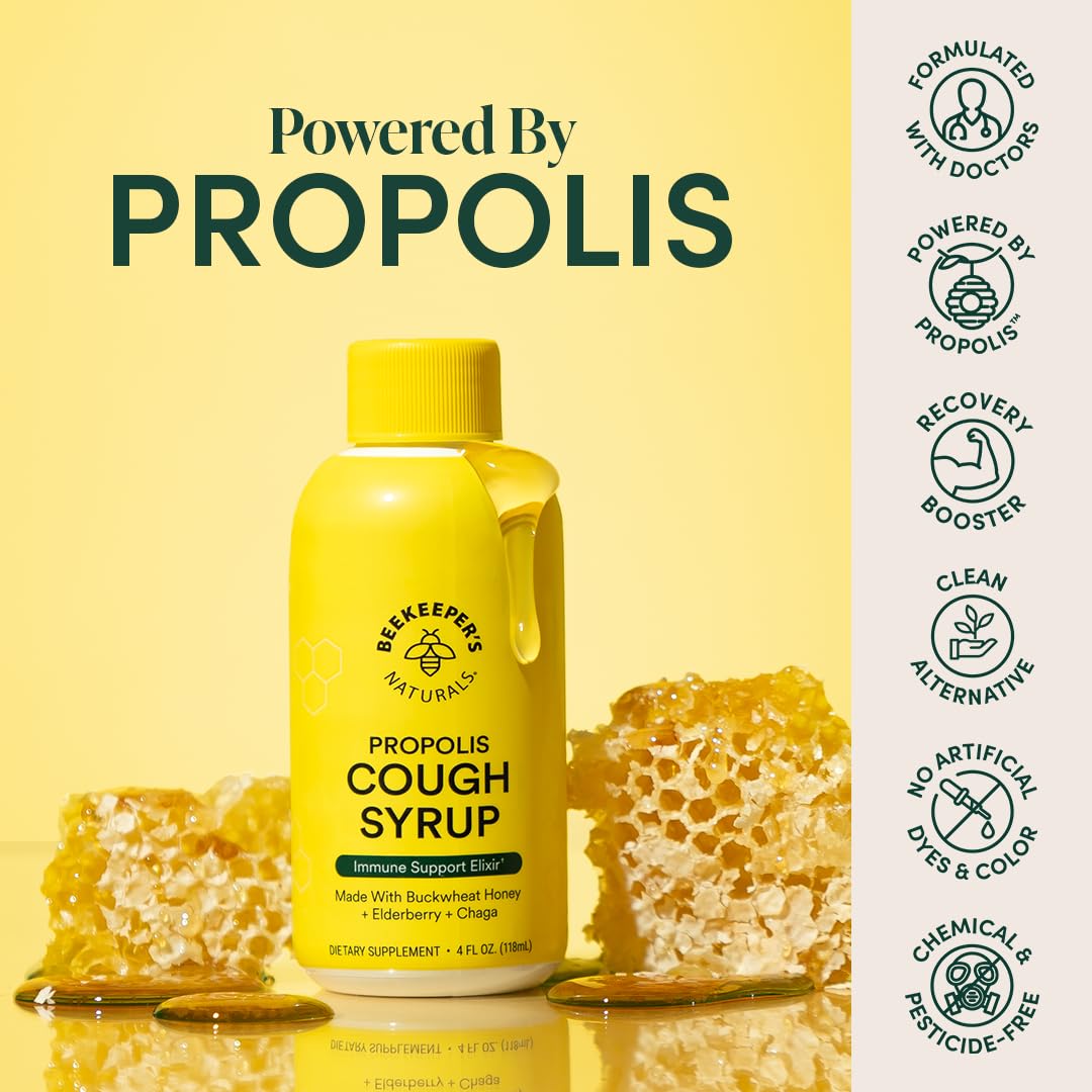Beekeepers Naturals Propolis Honey Cough Syrup Daytime for Adults Elderberry, Bee Propolis, Buckwheat Honey - Immune Support &