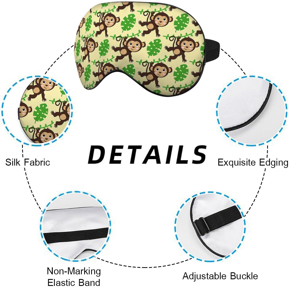 NOHSHE Funny Monkey Silk Eye Mask Sleep Mask Brown Monkeys Animal Green Tropical Leaves Eye Mask with Adjustable Strap Lightweig