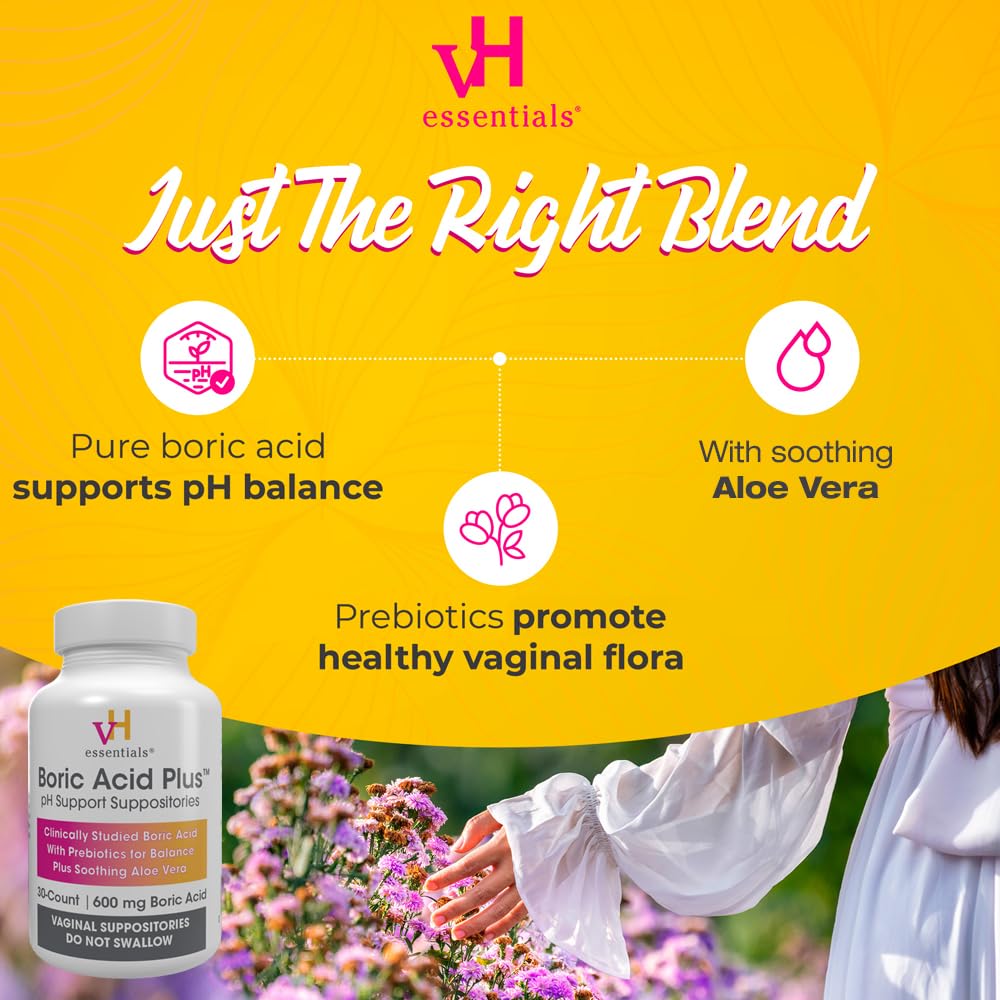 vH essentials Boric Acid Plus Vaginal Suppositories, Prebiotic Infused with Soothing Aloe Vera, pH Support Formula Fights Odor a