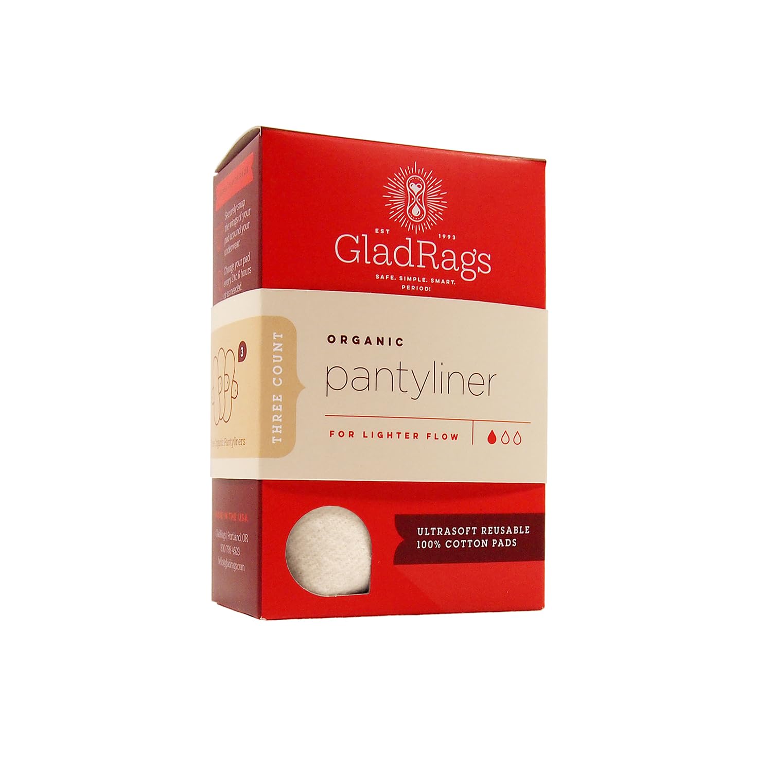 GladRags Natural Organic Undyed Cotton Reusable Pantyliner (3-Pack) - 100% GOTS Certified Organic Menstrual Pad, Washable Pantyl
