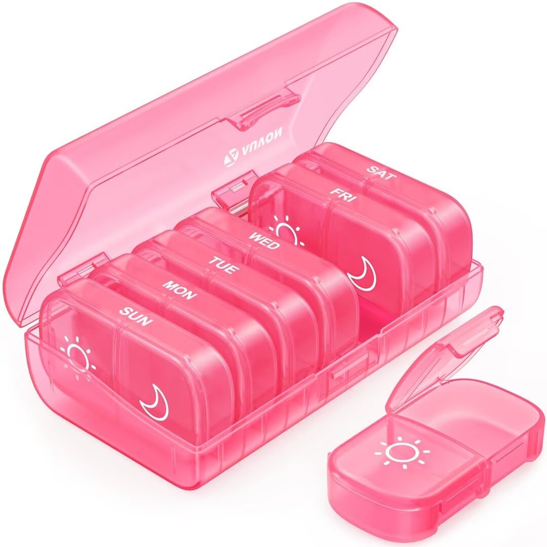 AUVON XL Weekly Pill Organizer 2 Times a Day with One-Side Large Opening Design for Easy Filling, AM PM Pill Box 7 Day, Portable