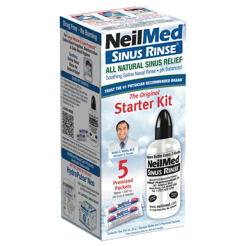 NeilMed Sinus Rinse Starter Kit with 5 Premixed Saline Packets - Large Volume Low Pressure Saline Nasal Irrigation & moisturizin