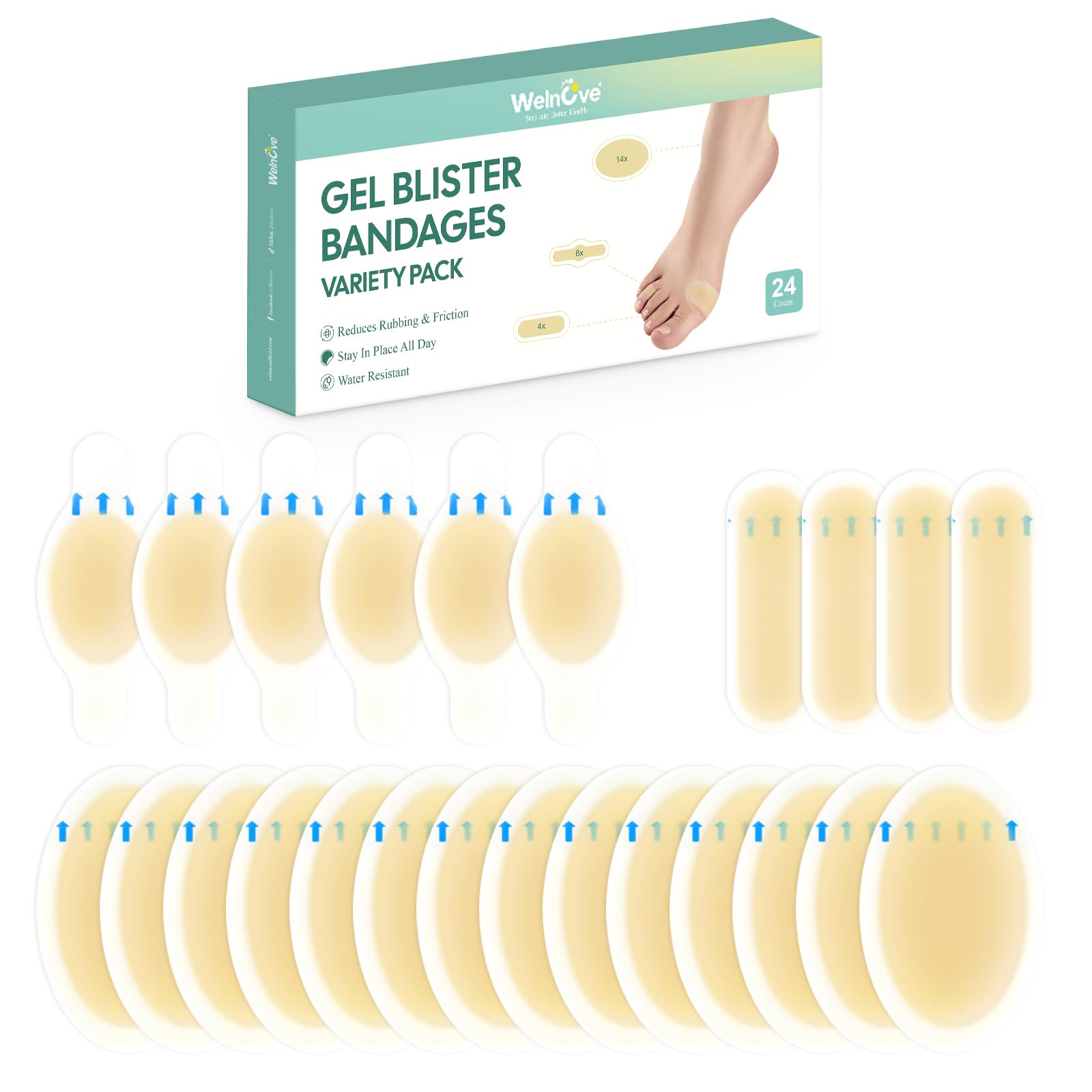Welnove Gel Blister Bandage - 24 PCS Hydrocolloid Bandages for Prevention & Recovery, Blister Cushions for Heel, Toes & Foot, Bl