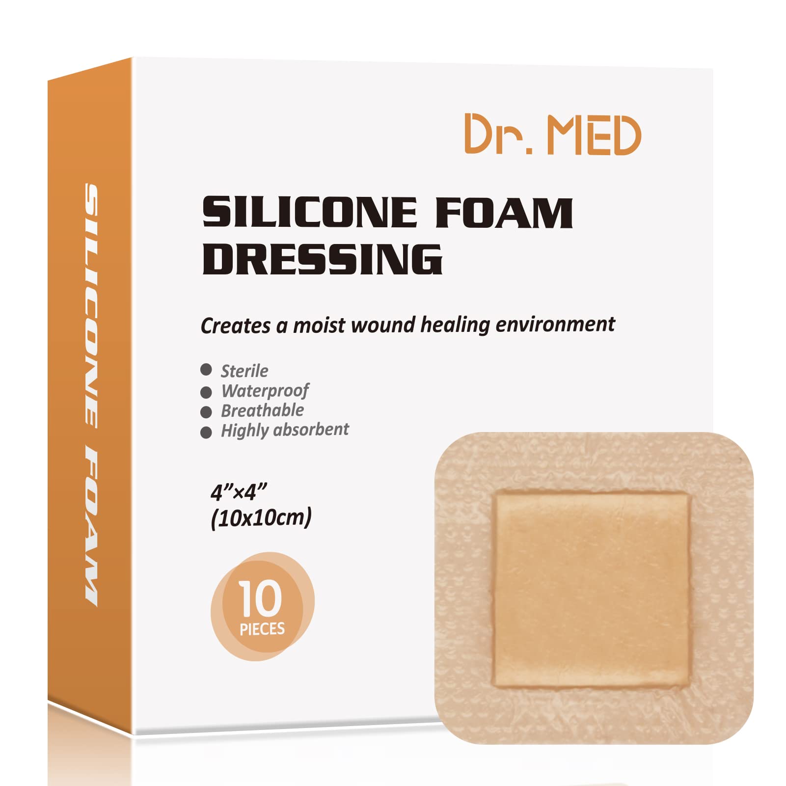Dr. Med Silicone Foam Dressing with Gentle Adhesive Border 4x4, 10 Individual Pack, Painless Removal High Absorbency Bed Sore Wo