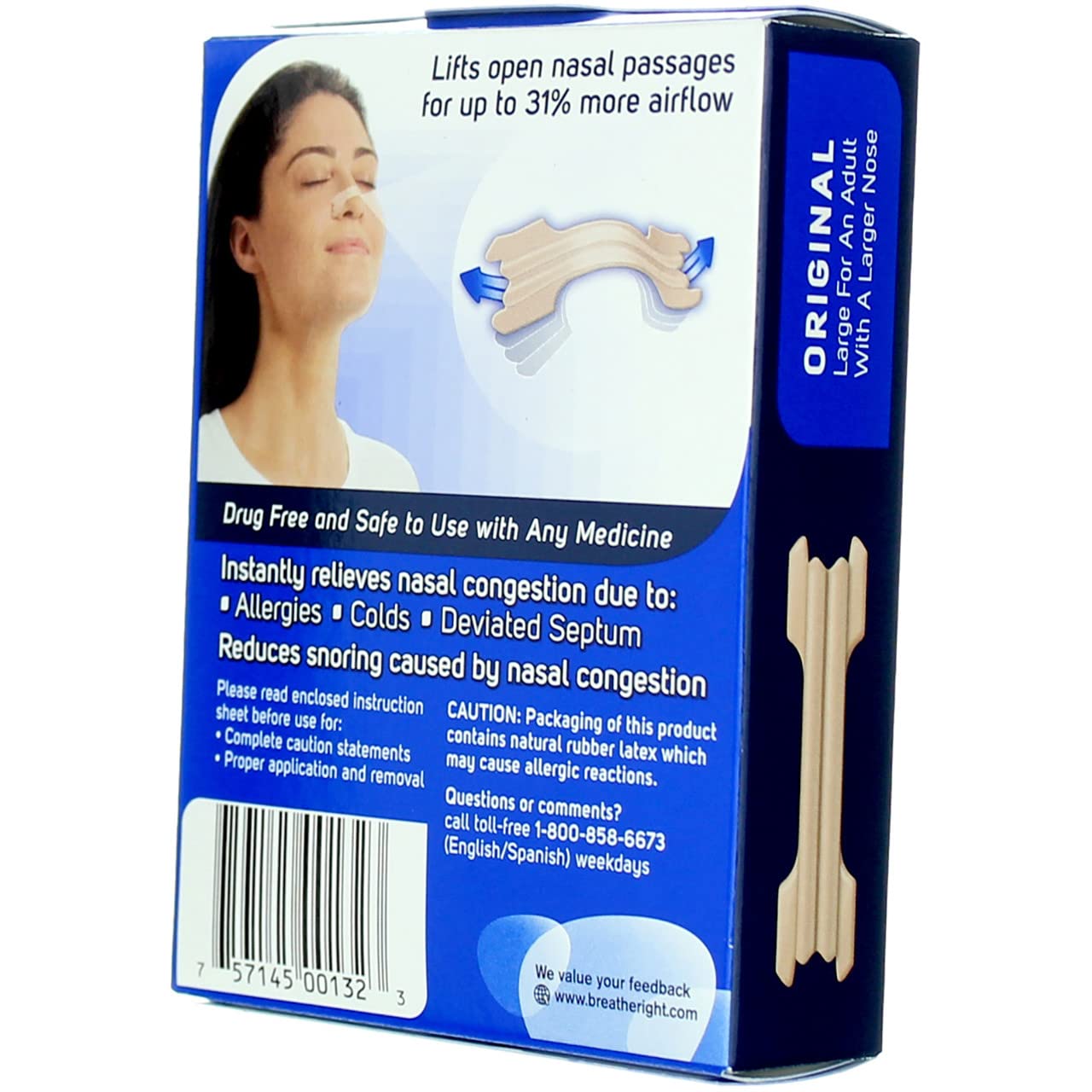 Breathe Right Original Tan Large Drug-Free Nasal Strips for Nasal Congestion Relief, 30 count