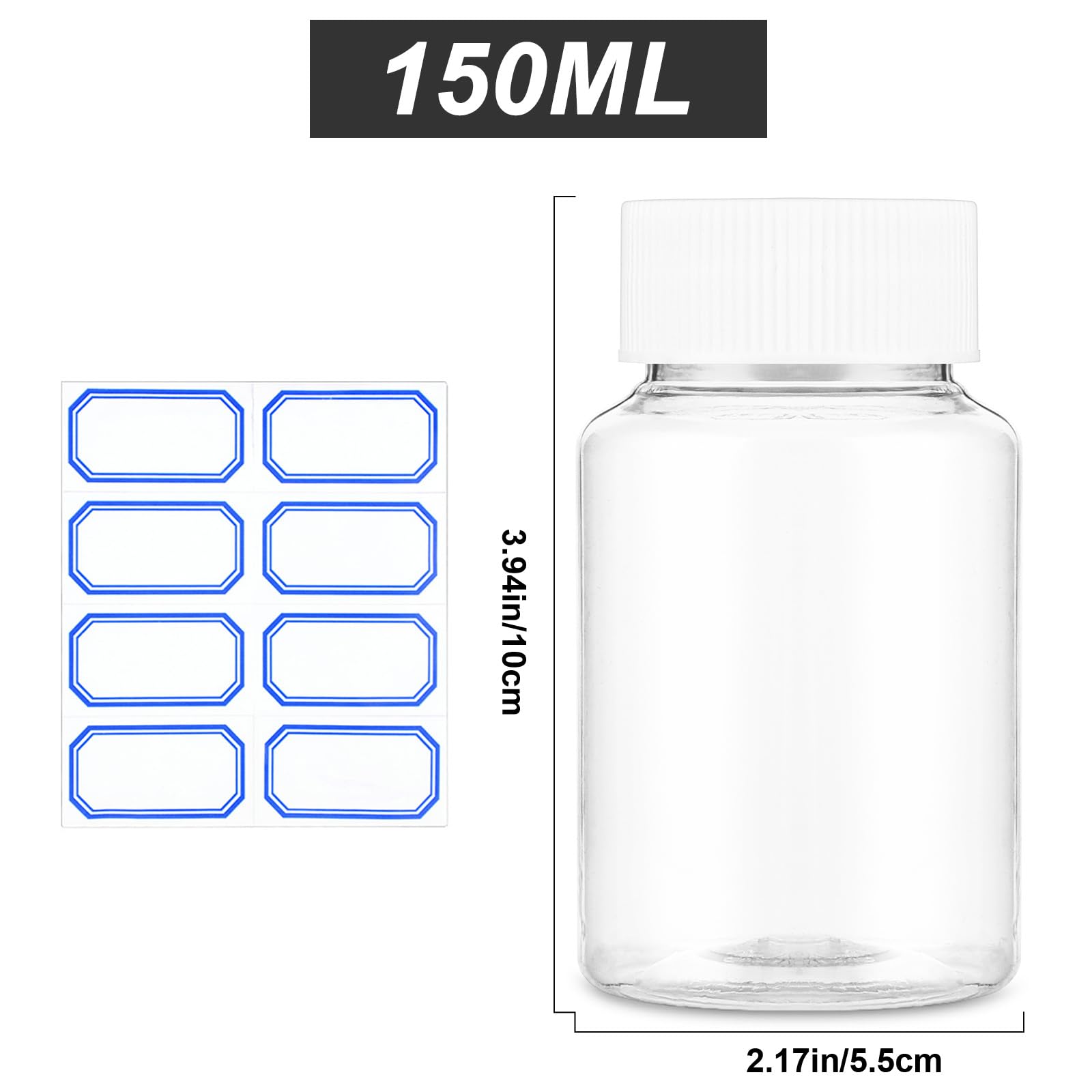 Heclia 150ML Clear Pill Bottles 6PCs, Plastic Medicine Bottle Empty Reagent Chemical Containers with Blank Labels, Transparent L