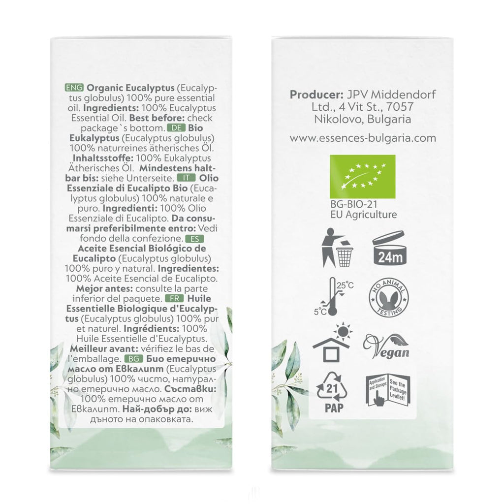Essences Bulgaria Organic Eucalyptus Essential Oil 0.51 Fl Oz 15ml Eucalyptus globulus 100% Pure Natural Undiluted Therapeutic G
