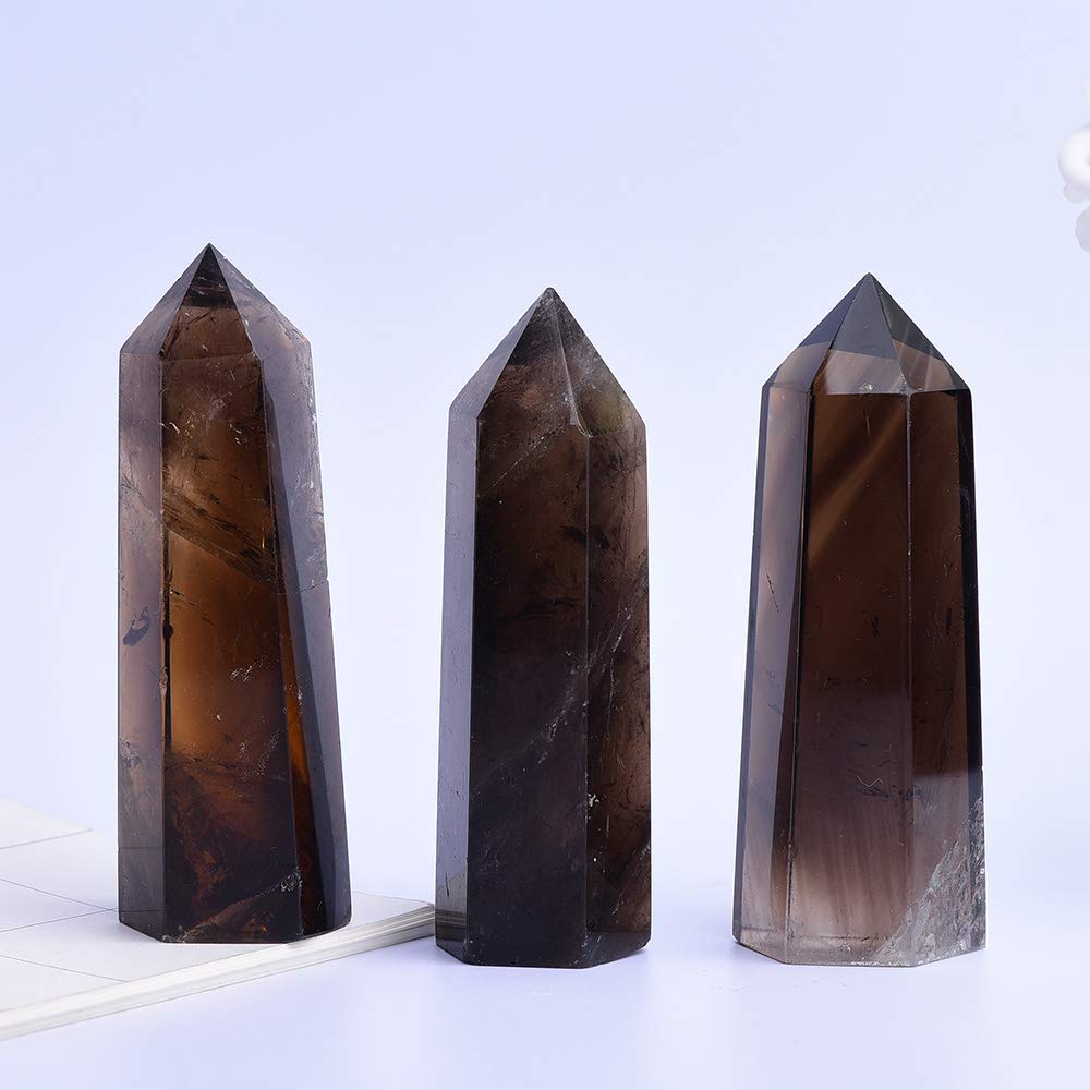 Runyangshi Smoky Quartz Crystal Wand 2.4-2.8, 6 Faceted Prism Natural Crystal Wands Towers Reiki Chakra Stone for Meditation Rei